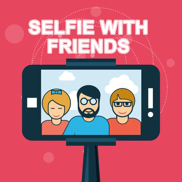 Selfie with friends - smartphone on selfie stick — Stock Vector