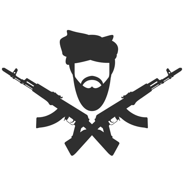 Homme en turban deux croisés AK-47 symbole du terrorisme — Image vectorielle