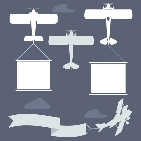 空白のご挨拶バナーと空飛ぶ複葉機 — ストックベクタ
