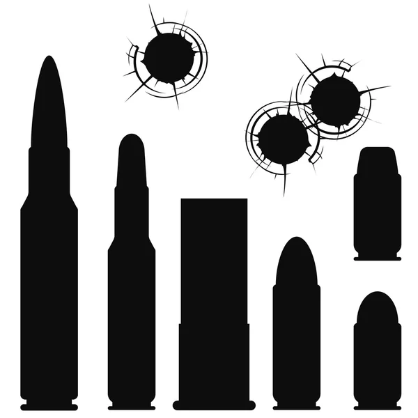 Bullet, cartuccia e bullethole con incrinature — Vettoriale Stock