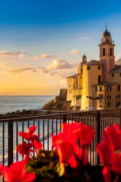 Sonnenuntergang, Blumen und Kirche am Meer — Stockfoto