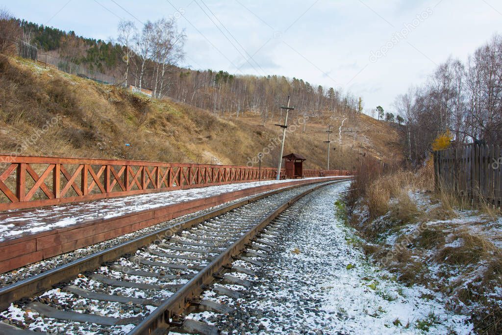 Circum Baikal railway in winter. The Circum Baikal railway and railway station.
