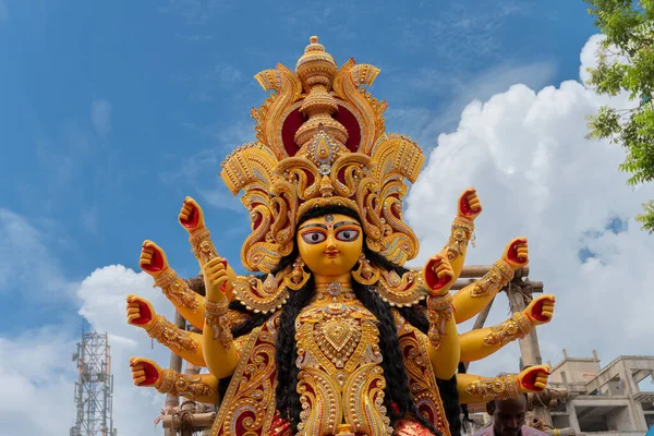 Vijayadashami Goddess Durga Idol Being Prepared Immersion Blue Sky White — Stock Photo, Image