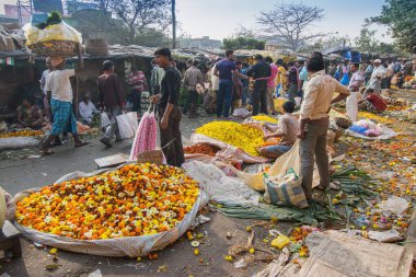 KOLKATA, Batı BENGAL / INDIA - 13 Şubat 2016: Kolkata 'daki kalabalık ve renkli Mallik Ghat veya Jagannath ghat çiçek pazarında çiçek alıp satmak. Asya 'nın en büyük çiçek pazarı..