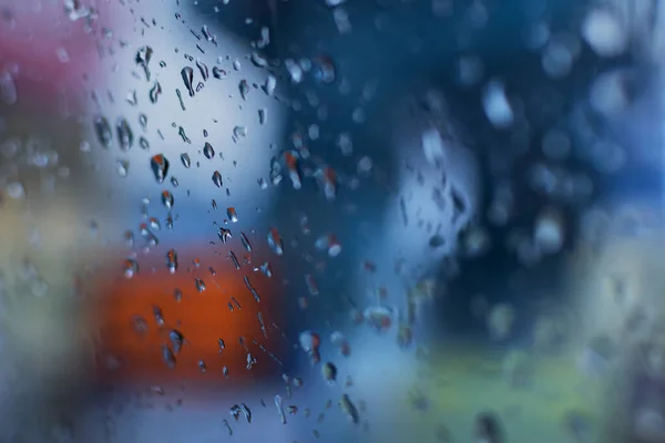 Gotas Chuva Caindo Vidro Borrões Abstratos Imagem Estoque Monção Kolkata — Fotografia de Stock