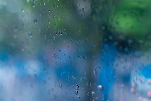 Gotas Chuva Caindo Vidro Borrões Abstratos Imagem Estoque Monção Kolkata — Fotografia de Stock