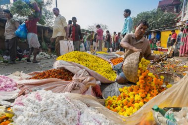 KOLKATA, Batı BENGAL / INDIA - 13 Şubat: Kolkata 'da kalabalık ve renkli Mallik Ghat veya Jagannath ghat çiçek pazarında 13.02.16' da çiçek alıp satmak. Asya 'nın en büyük çiçek pazarlarından biri..