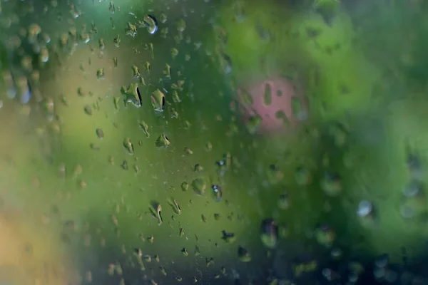 Gotas Chuva Caindo Vidro Borrões Abstratos Imagem Estoque Monção Kolkata — Fotografia de Stock