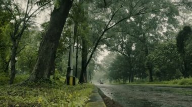 Howrah, Batı Bengal, Hindistan - 29 Temmuz 2018: Yağmur damlaları boş yola yağıyor, muson yağmurları 4K stok görüntüleri. İçinde yolcular olan elektrikli bir araba geçiyor..