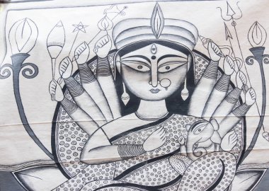 PINGLA, Batı BEST BENGAL, INDIA - 16 Kasım 2014: Durga idolü, el sanatları Hintli kırsal işçiler tarafından Pingla köyünde satışa sunuluyor. El sanatları Batı Bengal 'de kırsal sektördür..