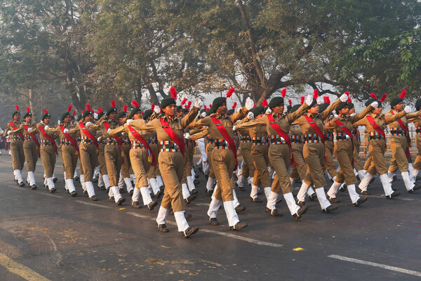 RED ROAD, KOLKATA, WEST BENGAL / INDIA - 21ST JANUARY 2018 : India's National Cadet Corps's (NCC) lady cadets are marching past, preparing for India's republic day celebarion on 26.01.2018.