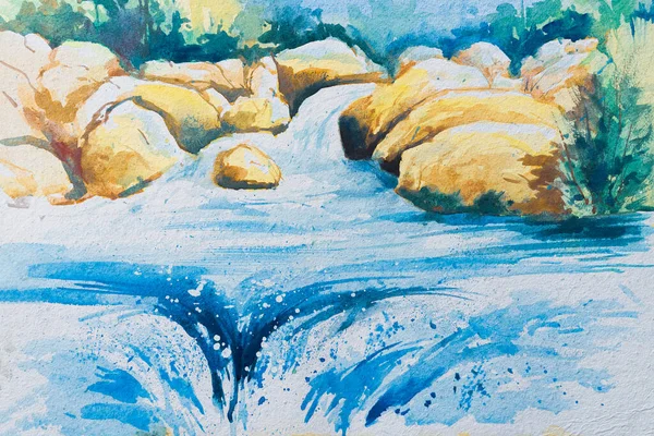 Pintura Acuarela Río Que Fluye Través Piedras — Foto de Stock