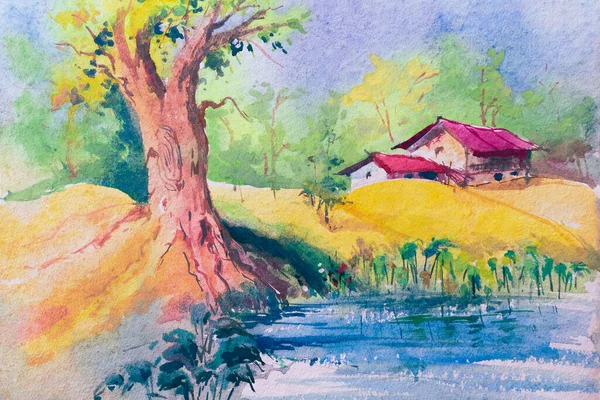 Colorful Watercolor Painting Rural Indian Village Two Houses One Big — Stock Photo, Image