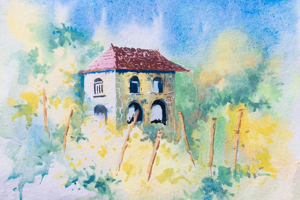 Πολύχρωμη Ακουαρέλα Ζωγραφίζοντας Παλιό Σπίτι Μέσα Μια Ζούγκλα Μπλε Ουρανός — Φωτογραφία Αρχείου
