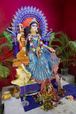 Tanrıça Saraswati 'nin idolü veena, bir müzik enstrümanı ve beyaz kuğu, kutsal bir kuş, Kolkata, Batı Bengal, Hindistan' da. Saraswati, Hindu bilgi, müzik, sanat, bilgelik ve öğrenim tanrıçası..