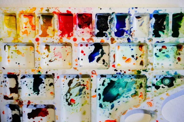 Top View Watercolour Palette Vibrant Colours Used Palette Shot Howrah — Stock Photo, Image