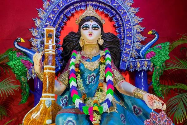 Idol Van Godin Saraswati Met Veena Een Muziekinstrument Kolkata West — Stockfoto