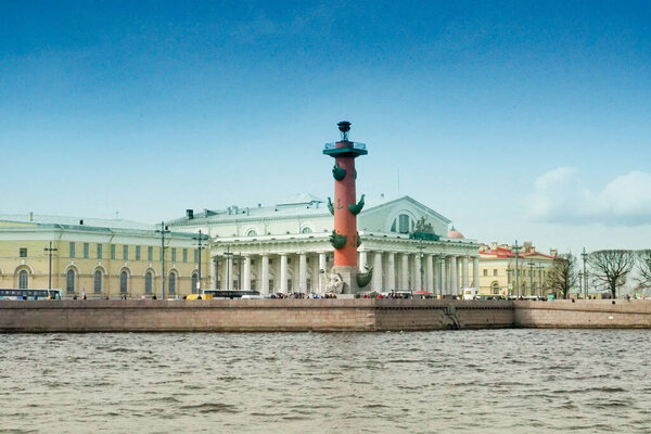 Saint Petersburg, Russia, panorama of Vasilievsky island spit - rostral column and Stock exchange building .