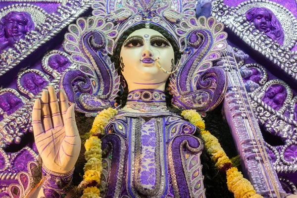 Välsignande Hand Gudinnan Saraswatis Idol Kolkata Västra Bengalen Indien Saraswati — Stockfoto