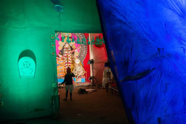 Kolkata Bengala Ocidental Índia Fevereiro 2019 Ídolo Deusa Saraswati Sendo — Fotografia de Stock