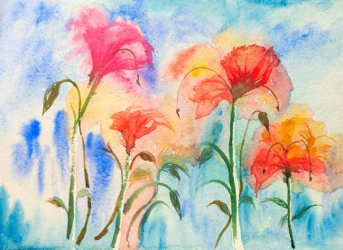 El yapımı kağıttan yapılmış, fırça ve boyalarla boyanmış çiçeklerin güzel suluboyası..