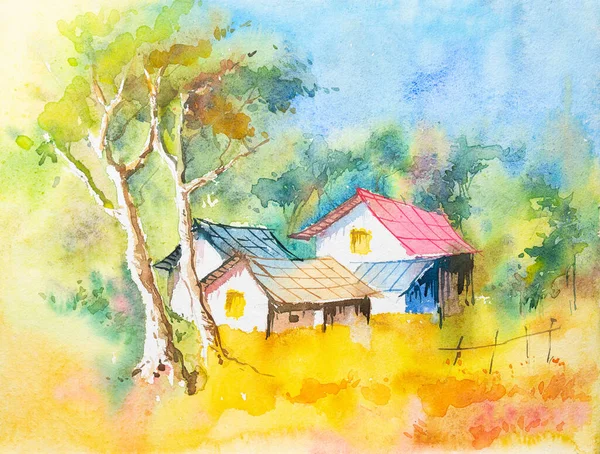 Bela Aquarela Árvores Casa Feita Papel Artesanal Pintado Com Pincel — Fotografia de Stock