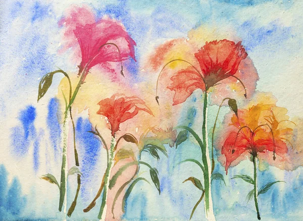 手漉きの紙に描かれた花の美しい水彩画 筆と絵具 — ストック写真
