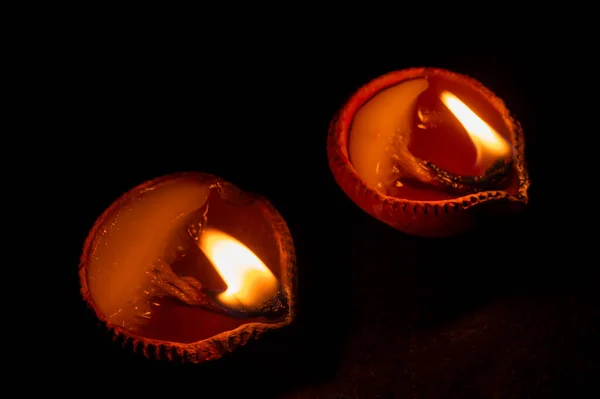 Vista Lateral Velas Diyas Luces Deepawali Por Noche Imagen Fondo — Foto de Stock