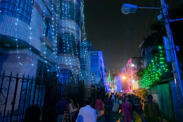 Kolkata India Octubre 2018 Imagen Nocturna Calle Decorada Kolkata Luz — Foto de Stock