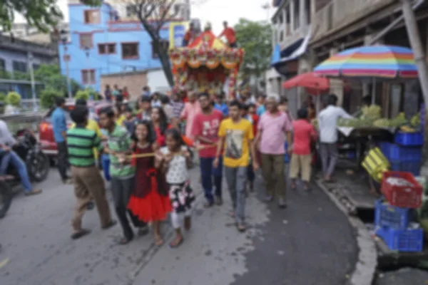Imagem Turva Jovens Devotos Hindus Bengalis Arrastando Corda Sagrada Para — Fotografia de Stock