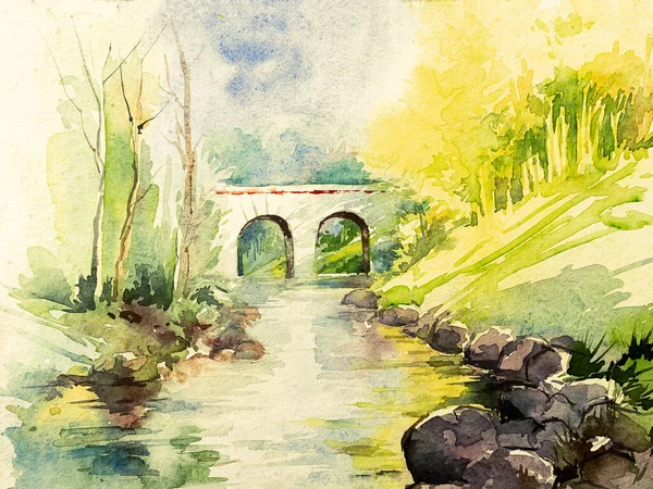 Imagem Aquarela Uma Ponte Sobre Rio Que Flui Por Baixo — Fotografia de Stock