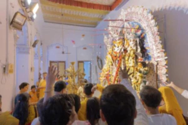 Blurred Image Flowers Thrown Pushpanjali Being Offered Hindu Devotees Goddess — Stok fotoğraf