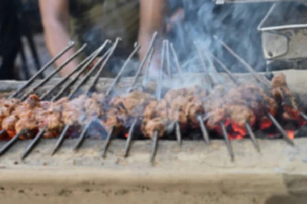 Das Verschwommene Bild Von Hühnchen Seekh Kababs Wird Bei Hitze — Stockfoto