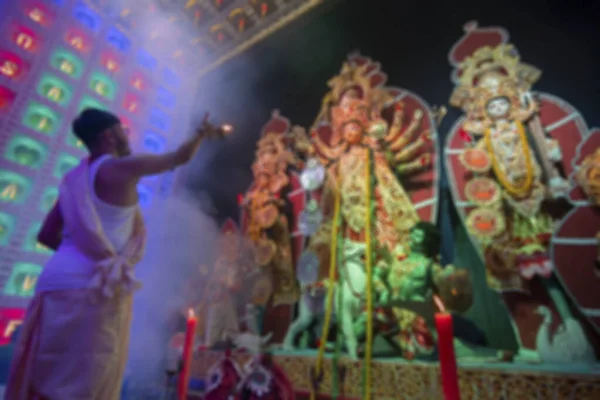 Blurred Image Young Hindu Bengali Purohit Worshipping Goddess Durga Pradip — Stok fotoğraf