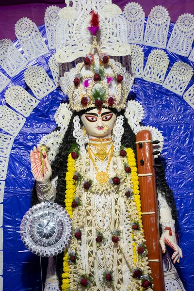 Idol Gudinnan Saraswati Med Veena Ett Musikinstrument Kolkata Västbengalen Indien — Stockfoto