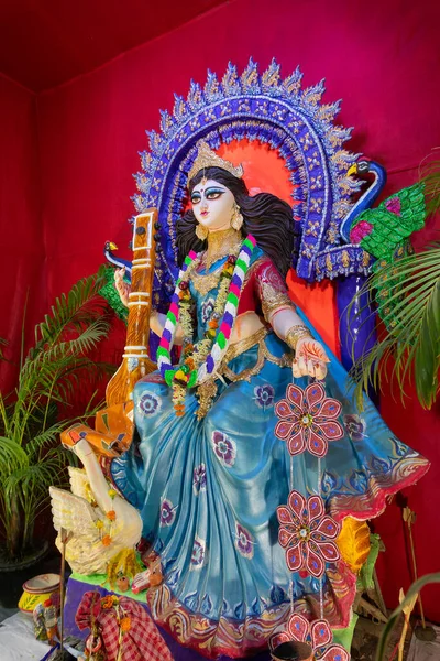 Tanrıça Saraswati Nin Idolü Veena Bir Müzik Enstrümanı Beyaz Kuğu — Stok fotoğraf