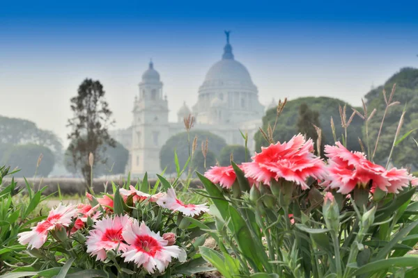 Flowers and Victoria Memorial, Kolkata , India . A Historical Monument of Indian Architecture. It was built between 1906 and 1921 to commemorate Queen Victoria\'s 25 years reign in India.