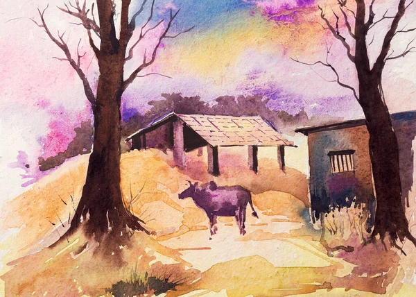 Indische Ländliche Landschaft Aquarell Mit Haus Bäumen Und Einer Kuh — Stockfoto