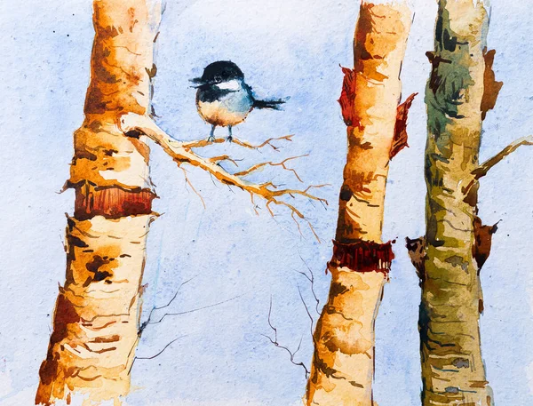 Акварельна Картина Красивого Птаха Сидить Гілці Дерева Фон Блакитного Неба — стокове фото