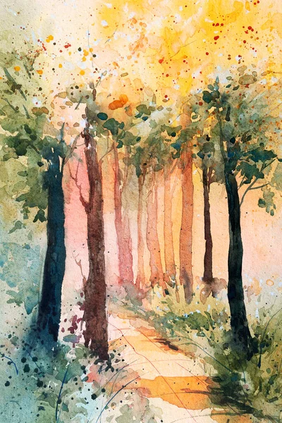 Orman suluboya resmi. Çerçevenin içinde bir yol ve yolun iki tarafında da yeşil ağaçlar var..