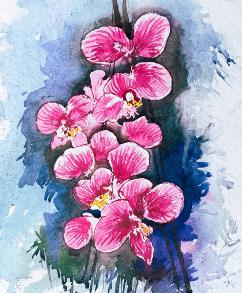 Beautiful watercolor orchid flower painting with white background. Indian watercolor art.