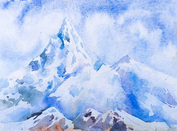 Blue ice mountains with blue sky in the background, Indian watercolour art.