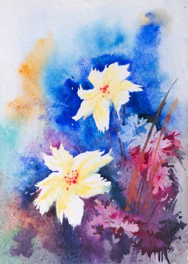 Beyaz arkaplanı olan güzel bir suluboya çiçek resmi. Hint suluboya sanatı.