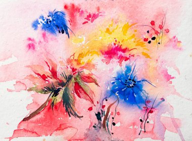 Beyaz arkaplanlı, soyut suluboya güzel bir çiçek resmi. Hint suluboya sanatı.
