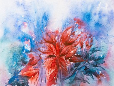 Kırmızı çiçekli, mavi arkaplanlı, soyut bir suluboya tablo. Hint suluboya sanatı.