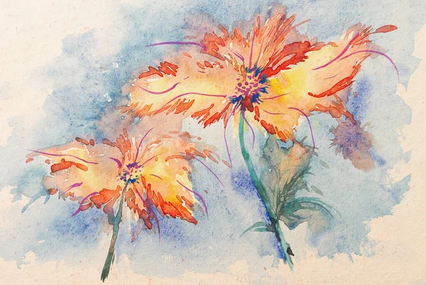 Beautiful Watercolor Floral Painting Bright Orange Flowers White Background Indian — Stock Photo, Image