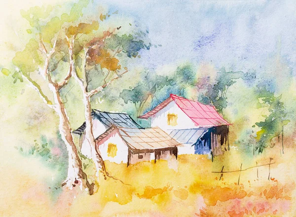 Hermosa Pintura Acuarela Rural India Con Casas Pueblo Árboles Naturaleza —  Fotos de Stock