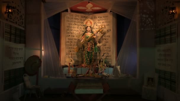 萨拉斯瓦蒂女神的偶像在夜间被崇拜在一个临时庙宇的板中 印度教女神身上五彩斑斓的光芒随着时间的流逝而变化 Howrah West Bengal India — 图库视频影像