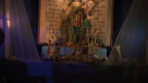 Όμορφα Διακοσμημένο Pandal Νύχτα Λατρεύουν Θεά Saraswati Ινδουίστρια Θεά Της — Αρχείο Βίντεο