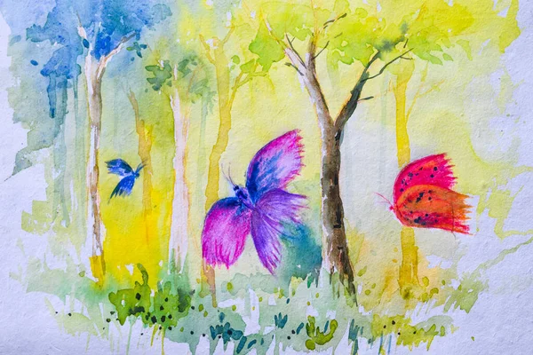 Hermosa Pintura Acuarela Bosque Brillante Con Mariposas Voladoras Ilustración —  Fotos de Stock